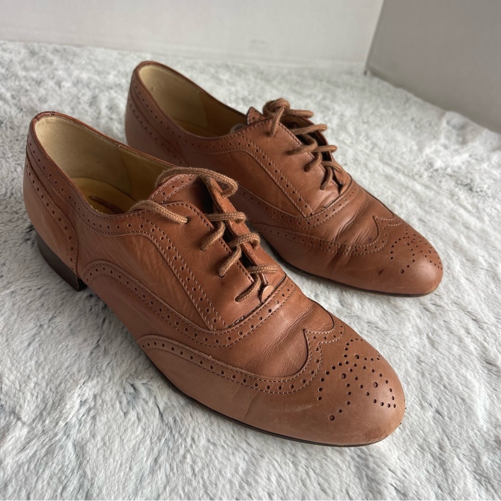 J. Crew Leather Wing-Tip Oxfords Warm Cognac Brown Womens Sz 5.5 (23939)  Dress